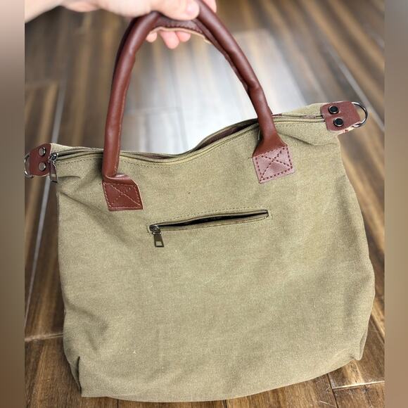 New Large Canvas Brown Tan Green Tote Bag Purse Handbag Crossbody Shoulder bag - Picture 11 of 11
